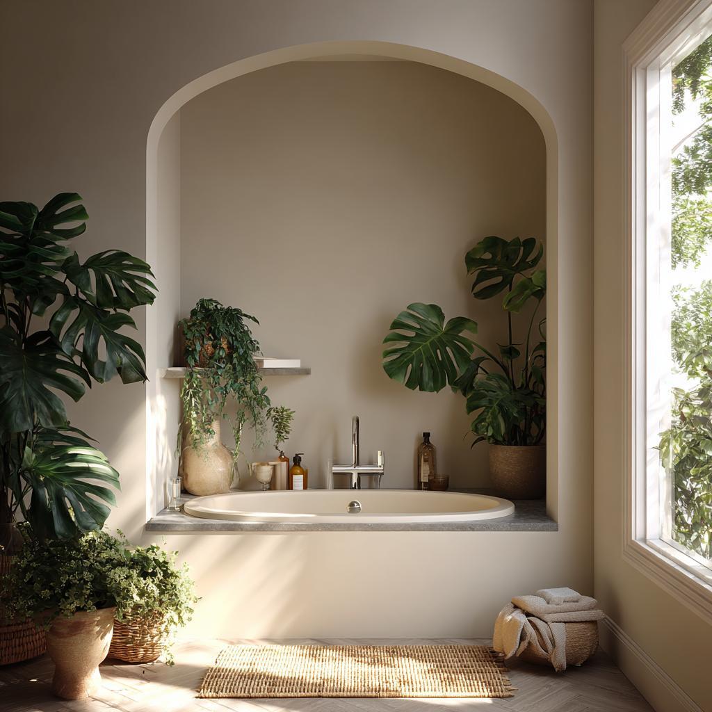 minimalist bathroom decor arched alcove bathtub plants