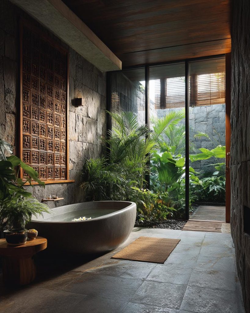 modern bathroom decor natural stone tropical plants