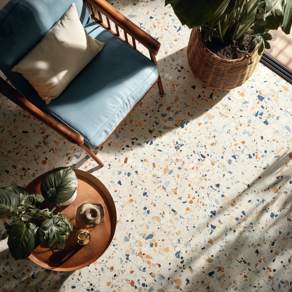 Terrazzo mosaic floor design visual appeal living room