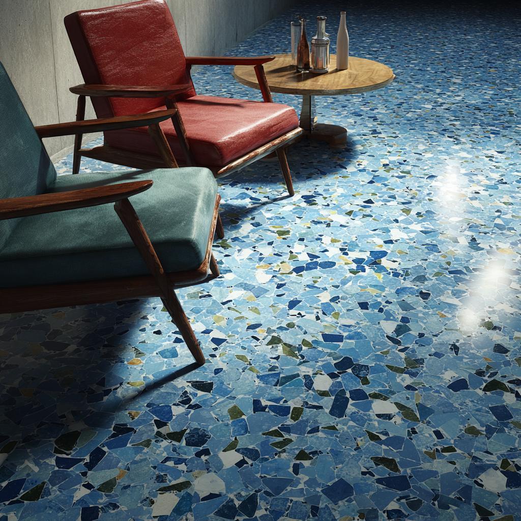 Blue chip mosaic flooring installation seating area