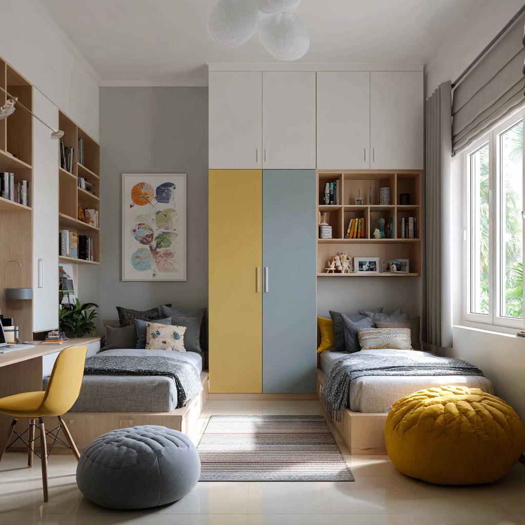neutral shared kids room study zone flexible furniture design