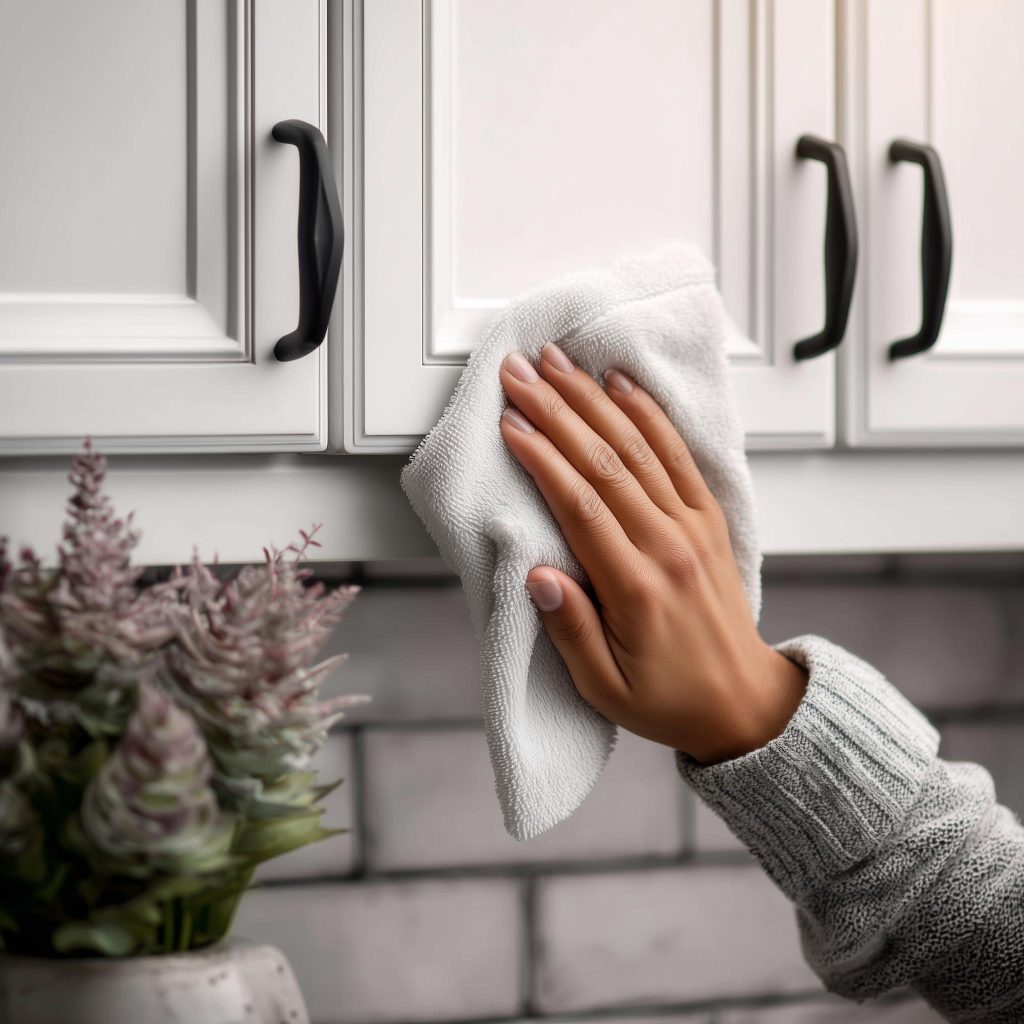 cleaning modular kitchen cabinets with soft cloth