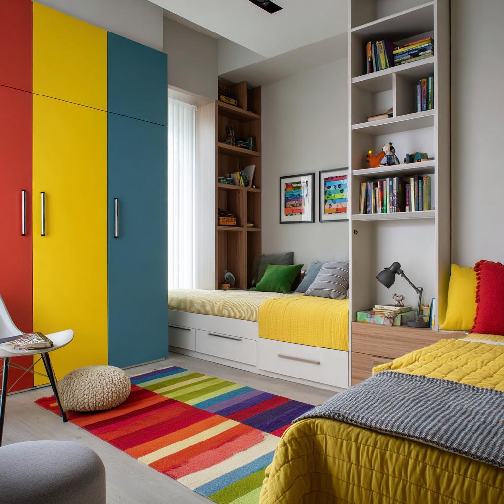  colourful wardrobe twin bed shared kids room theme