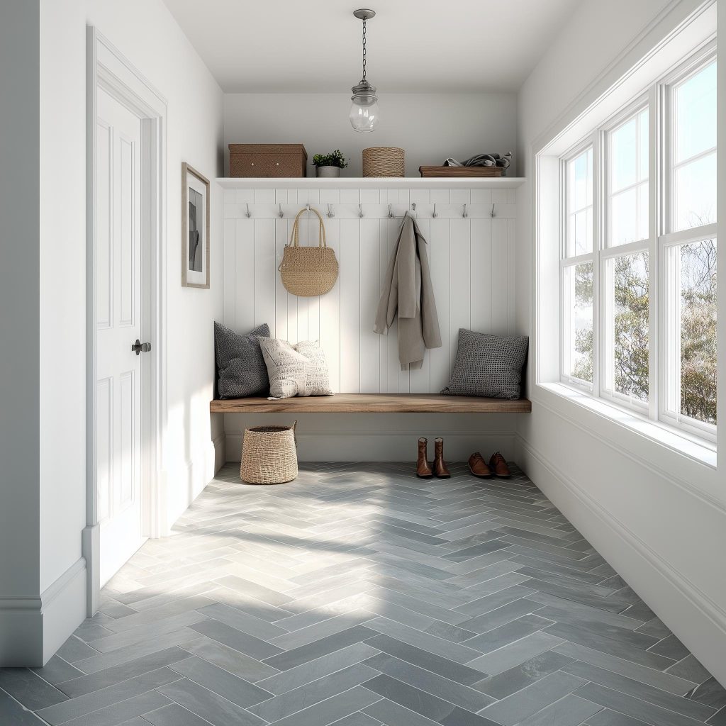 herringbone tile flooring in bright modern entryway