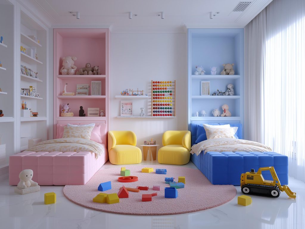  shared kids room personal space pink blue zones
