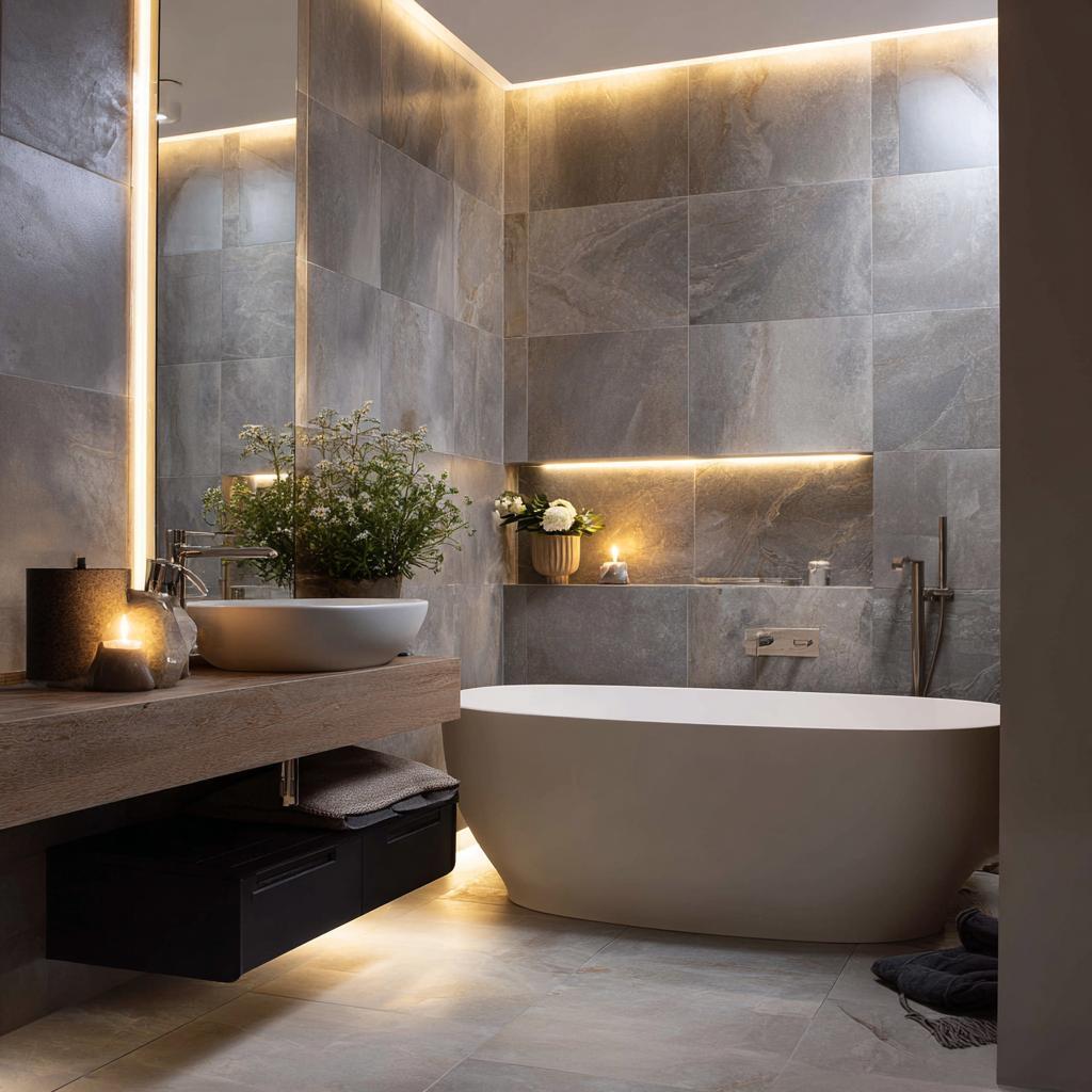  luxury bathroom LED mirror lighting stone tile decor