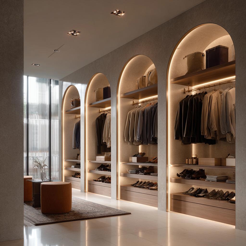 Arched niche elegant luxury walk-in closet personal design