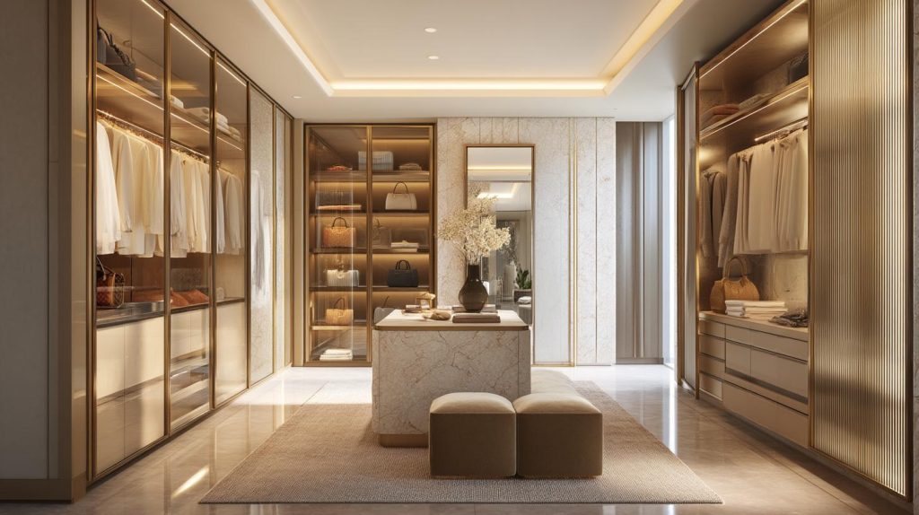 Large layout island gold luxury walk-in closet design