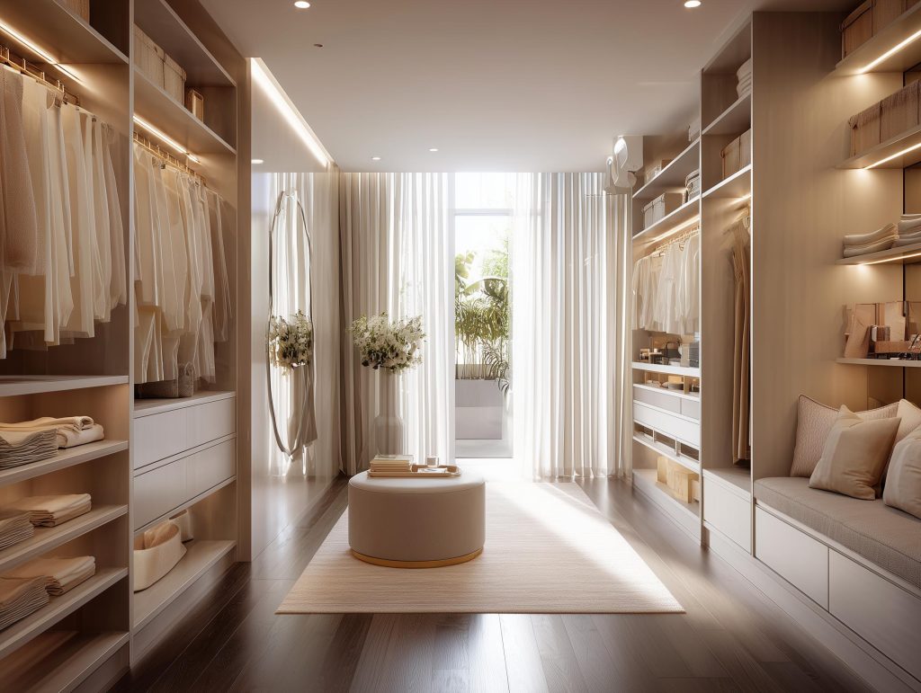 Seating vanity area luxury walk-in closet dressing room