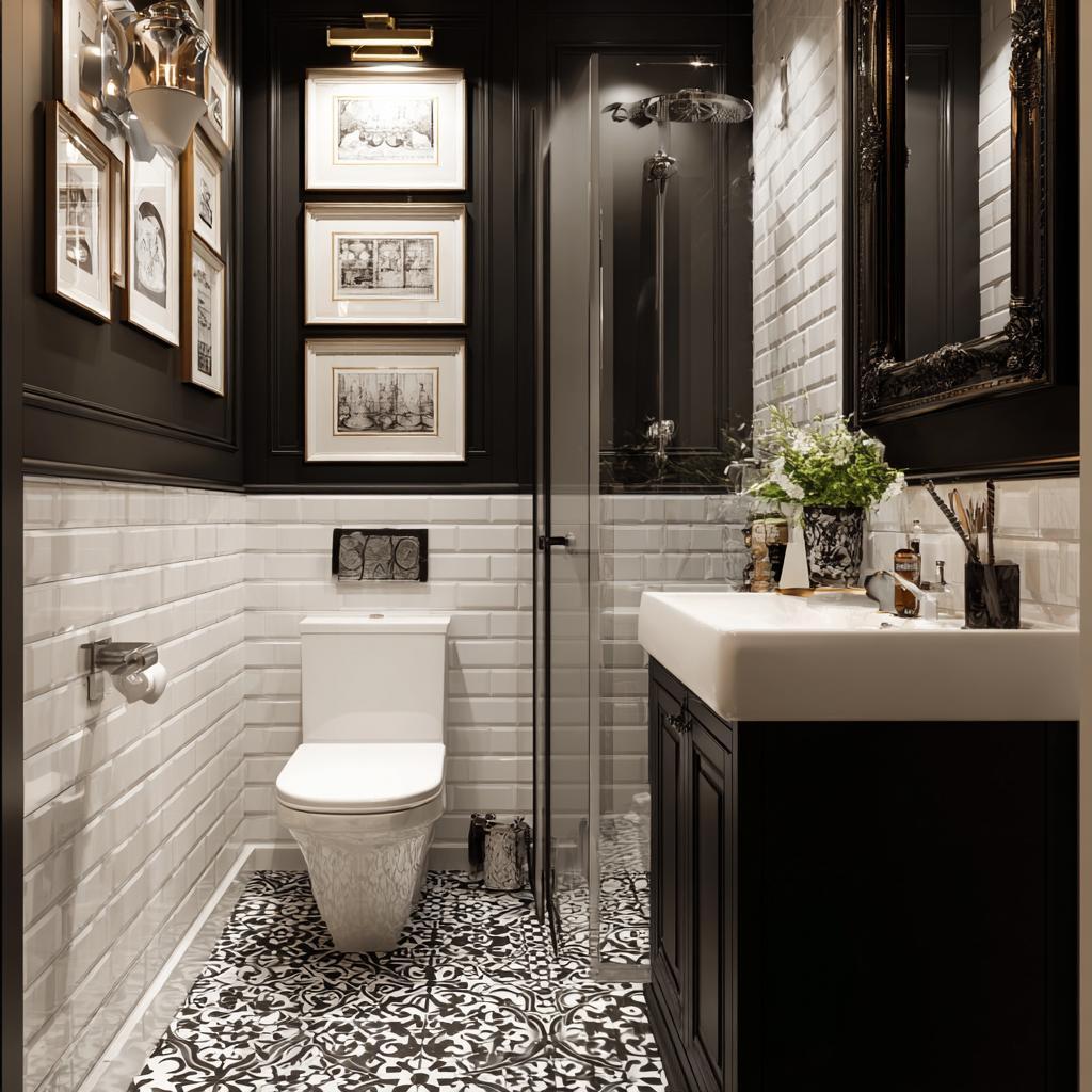 budget bathroom decor black white gallery wall mirror