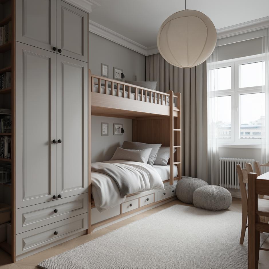  bunk bed shared kids room design built-in storage