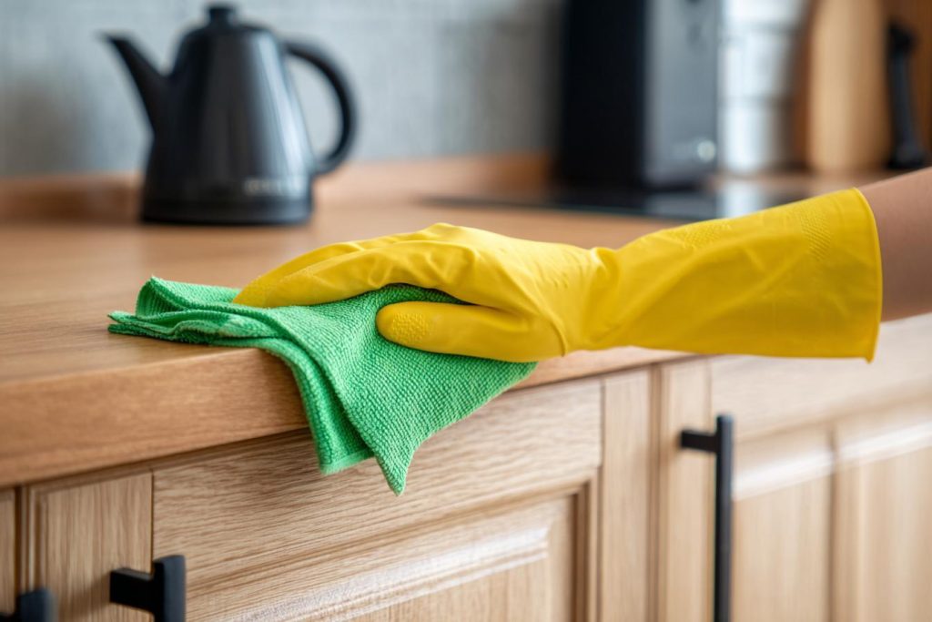 avoid harsh cleaners when cleaning kitchen cabinets