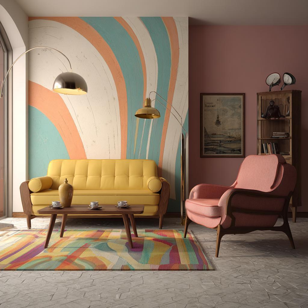 Retro feature wall interior design rainbow pattern