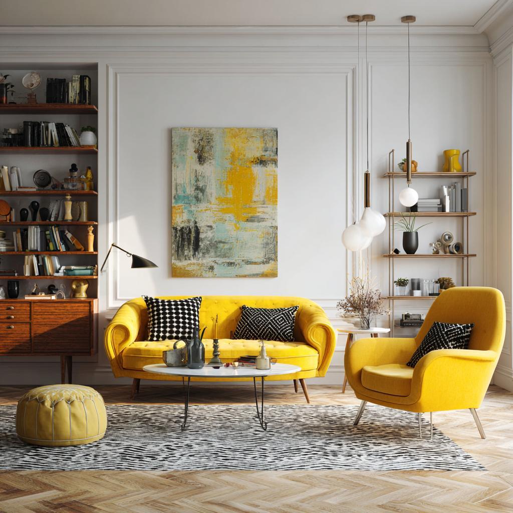 Retro interior geometric art print vintage sideboard
