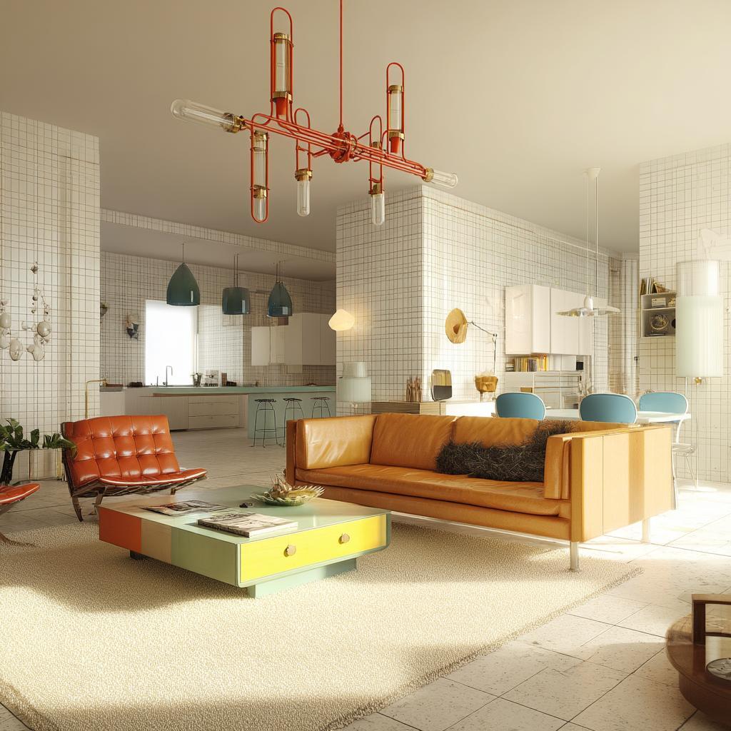 Retro modern interior open plan leather sofa