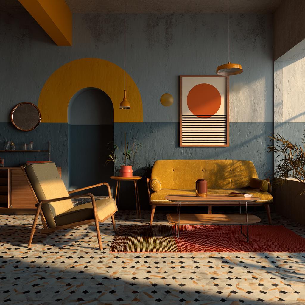 Retro modern interior neutral base statement sofa