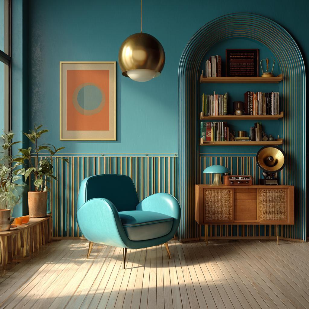 Retro room design teal curved furniture gold lighting