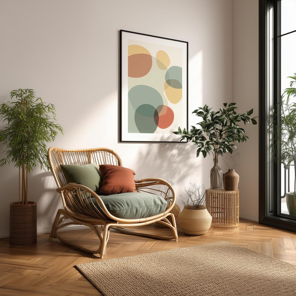  Retro vintage interior rattan chair abstract art