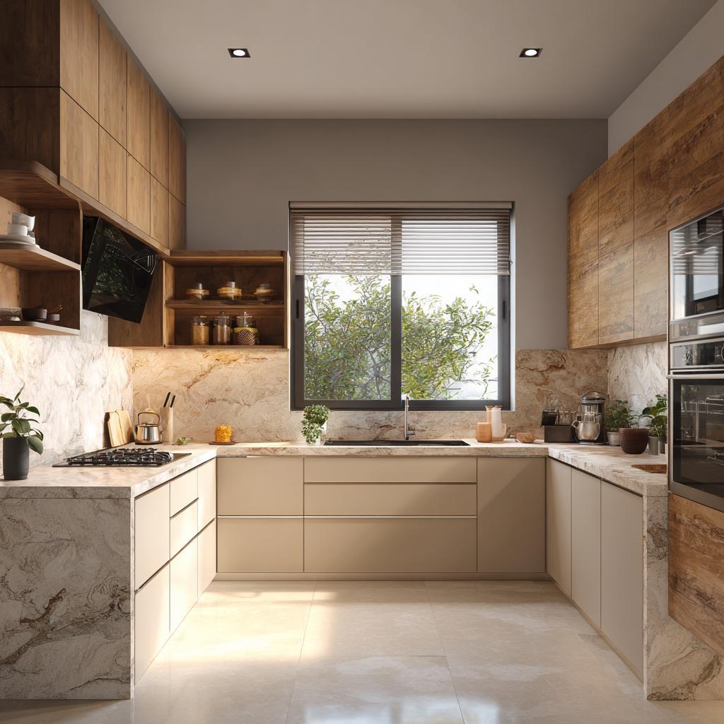  U-shaped modular kitchen wood stone countertop Coimbatore