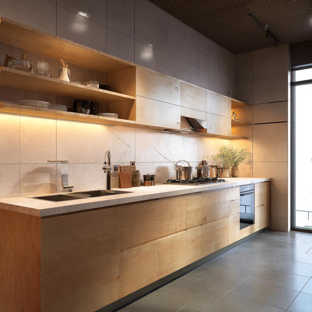 linear modular kitchen open shelves storage solution