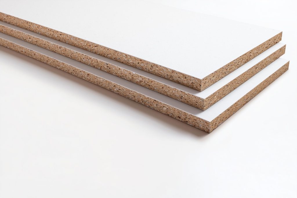 Melamine particle board cross-section layers