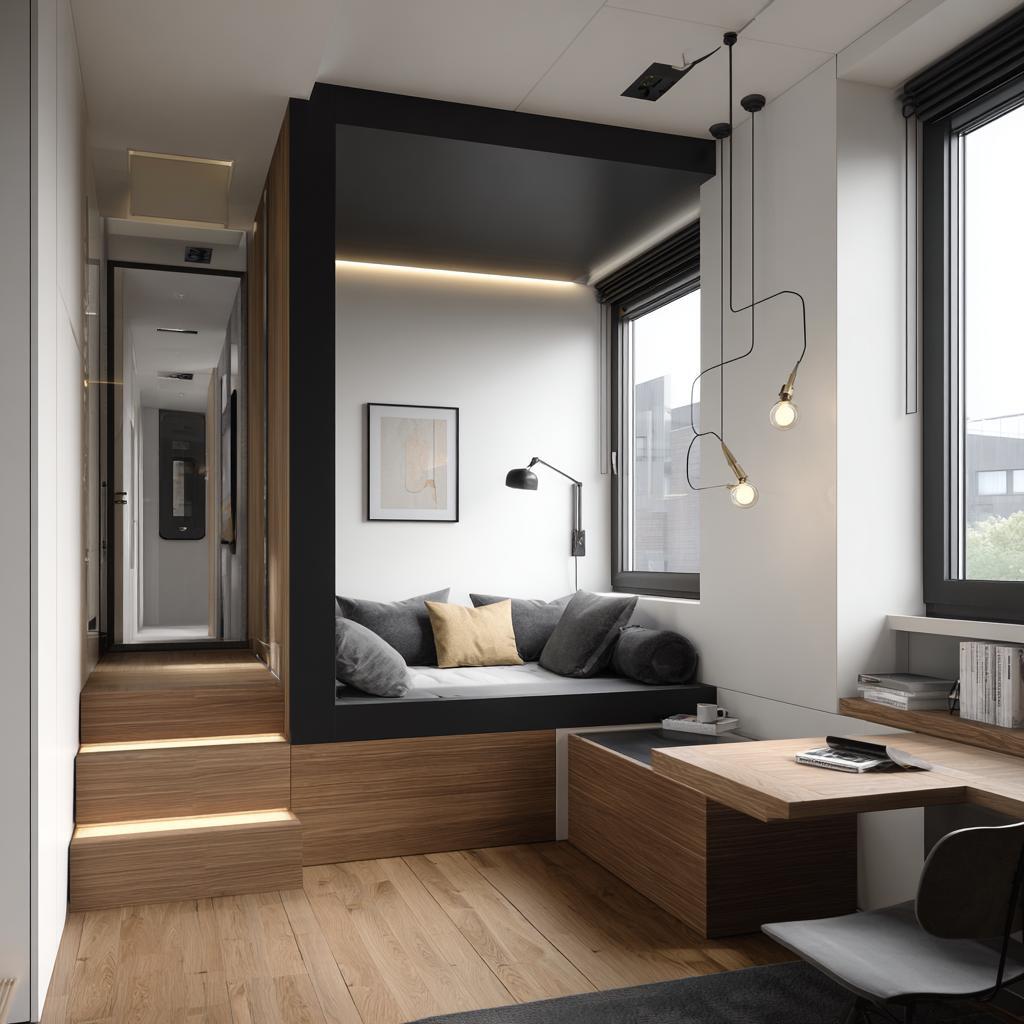 modern apartment interior built-in desk window seating