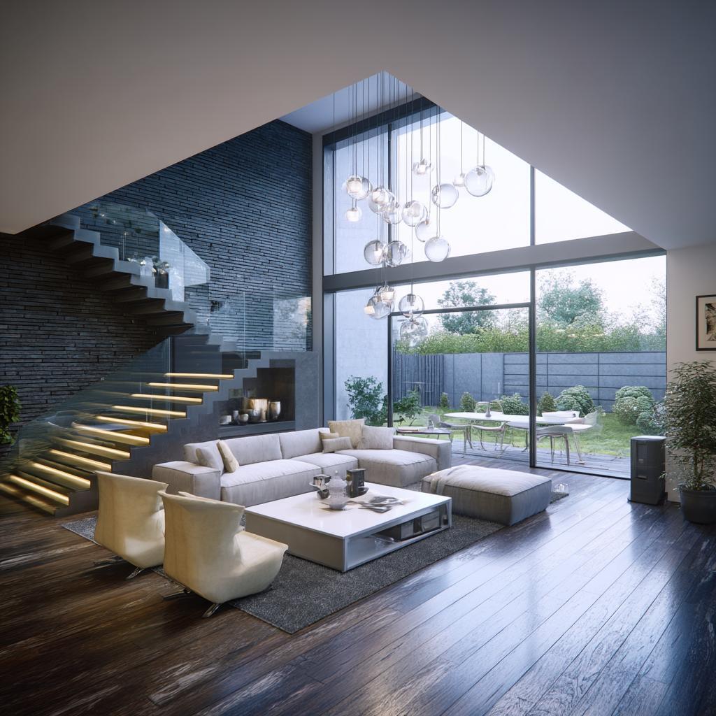  modern house interior floating staircase large windows