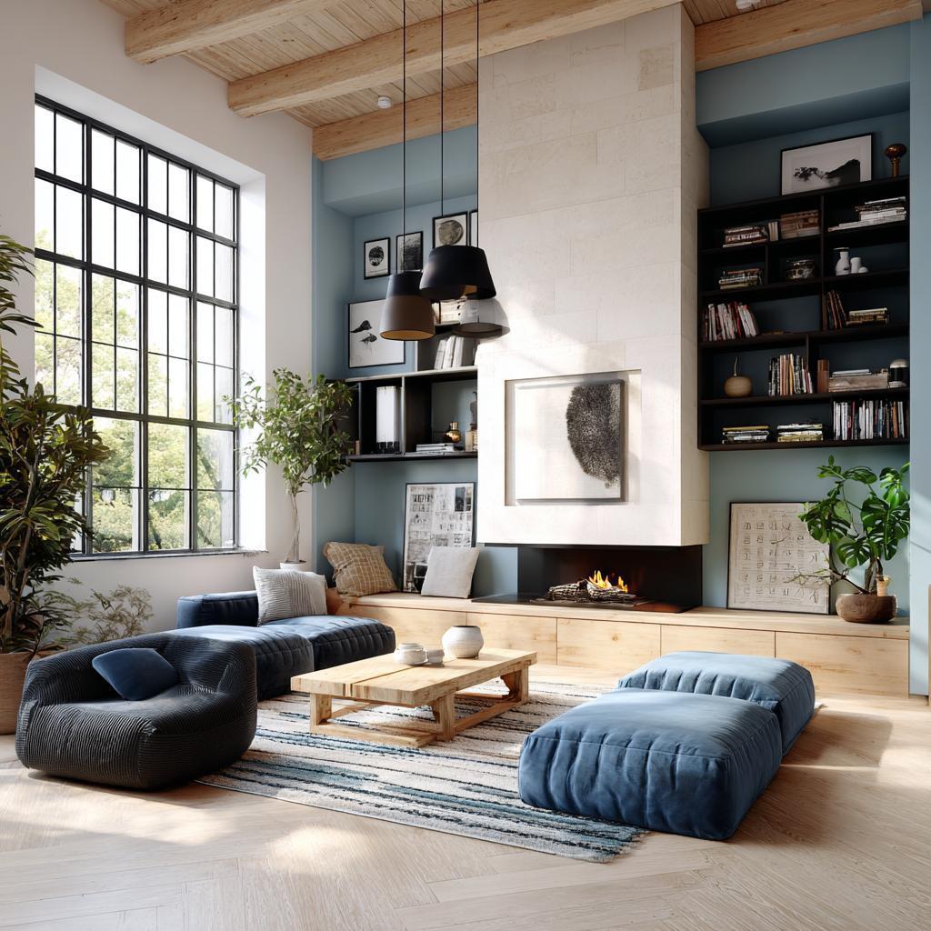 modern interior design living room bookshelf fireplace