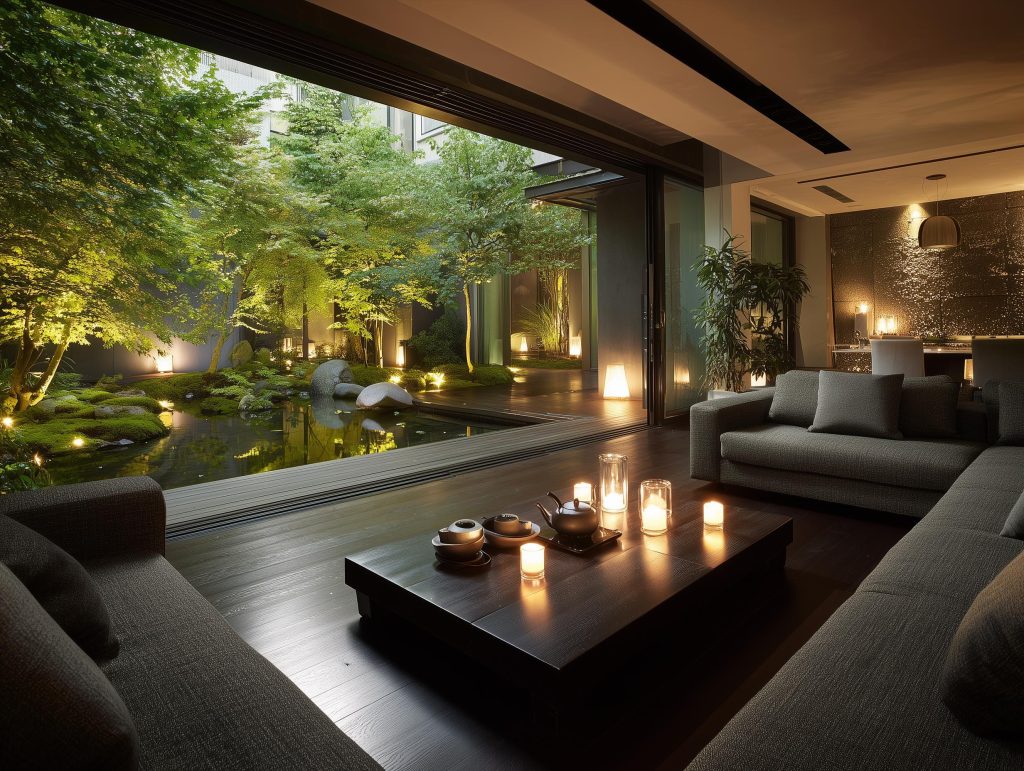 modern interior living room garden view candlelight