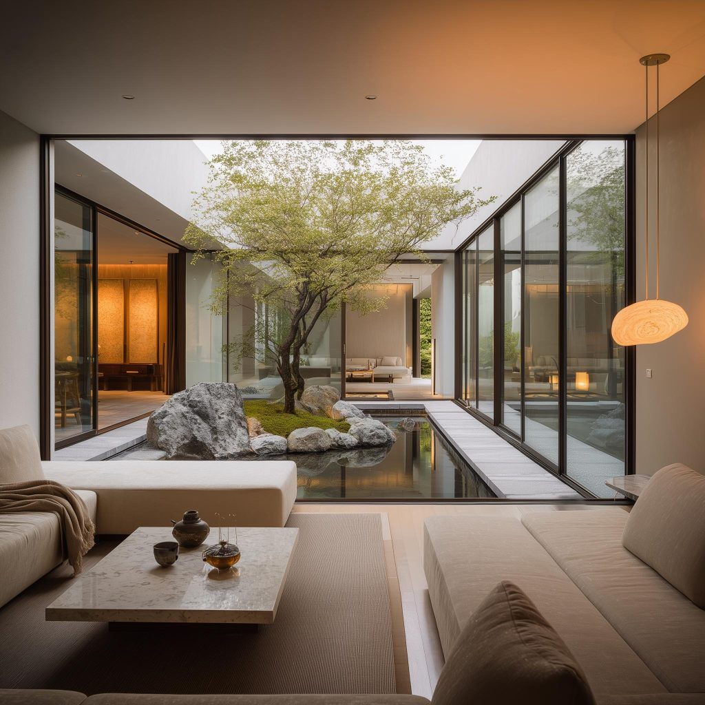 modern minimalist living room courtyard garden view