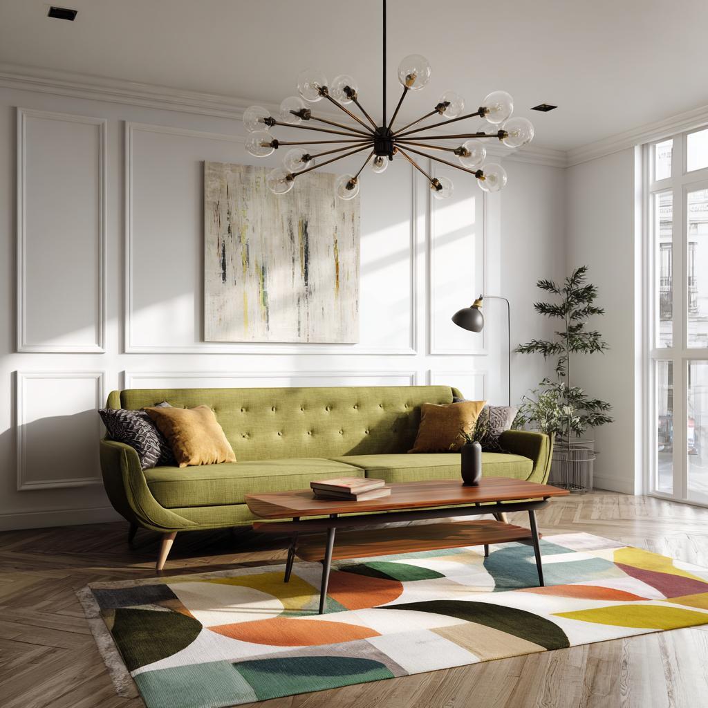 Modern retro interior Sputnik lighting green sofa