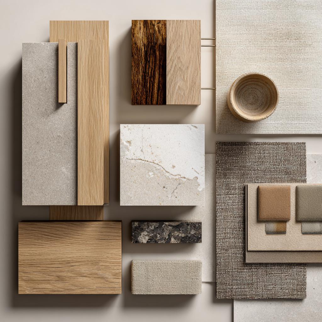Modular kitchen material samples laminate plywood granite quartz