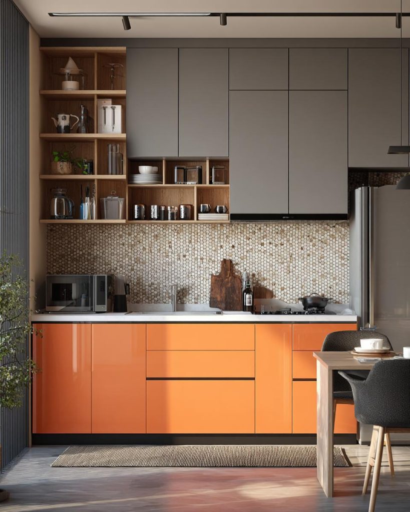  Modular kitchen orange laminate cabinets open shelves