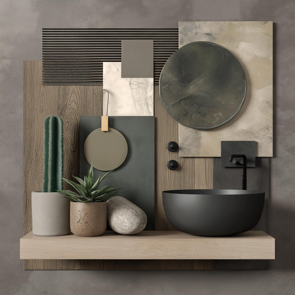  bathroom mood board stone metal earthy green tones