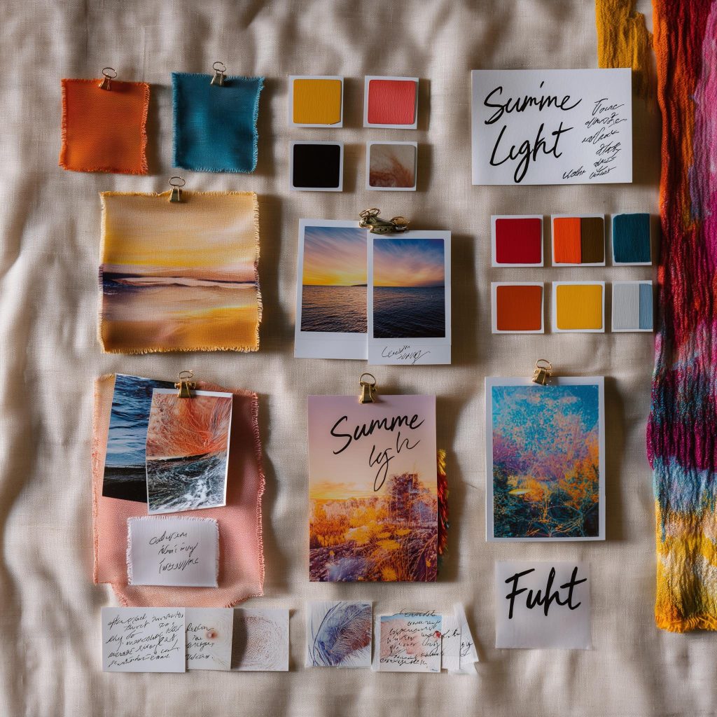 colour mood board fabric samples polaroid photos