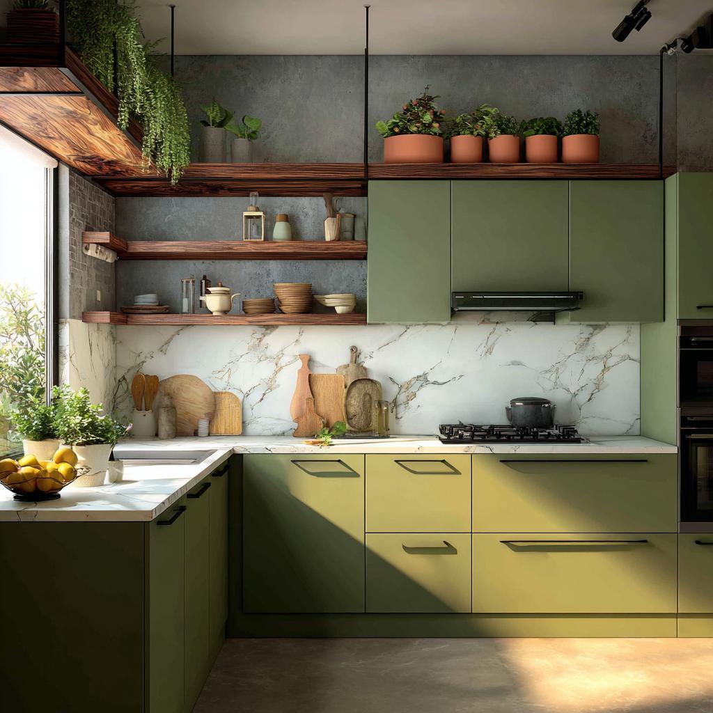 green modular kitchen functional layout marble backsplash