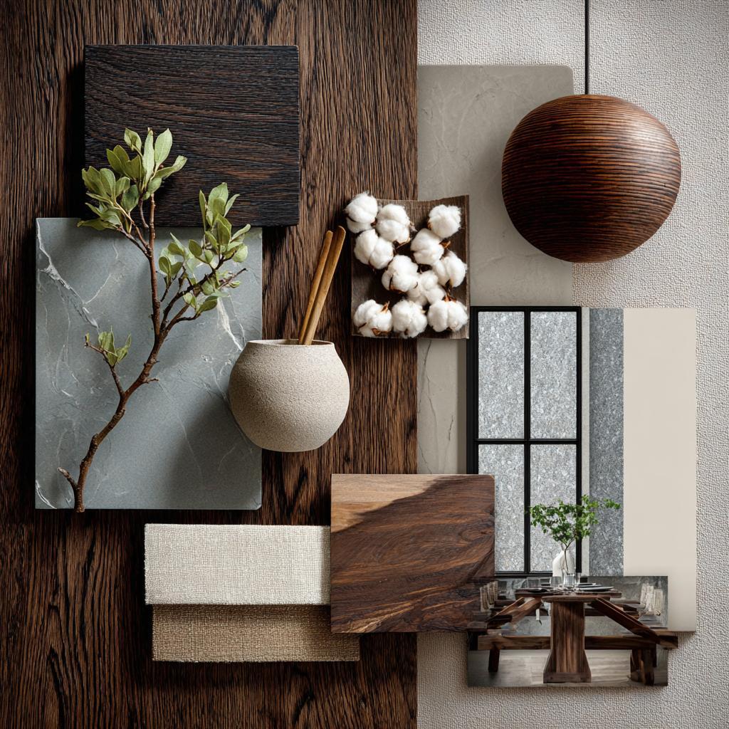  interior design mood board dark wood marble botanical