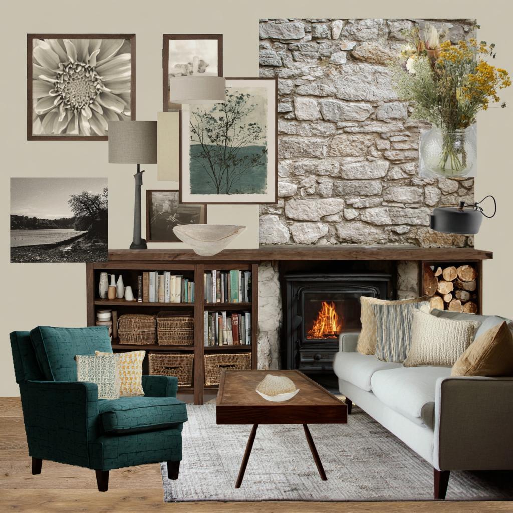  interior design mood board rustic living room fireplace