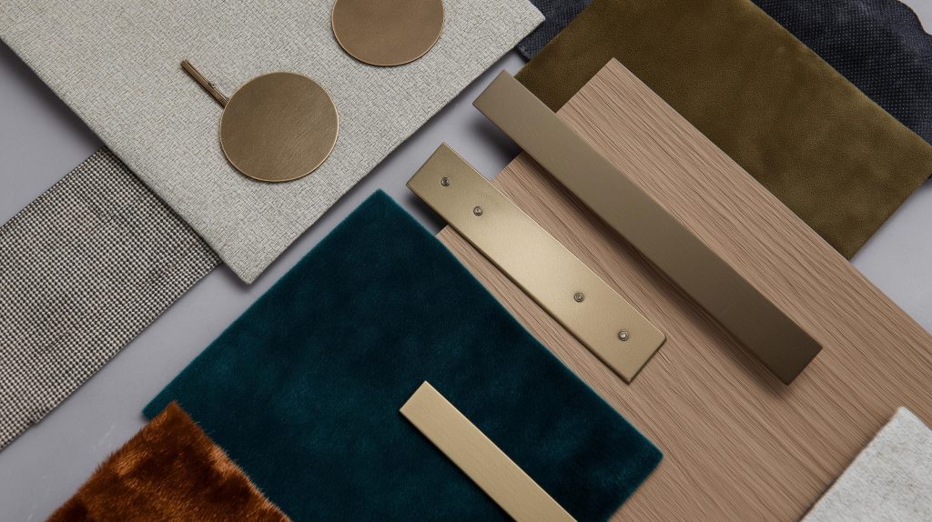  interior mood board teal velvet brass wood materials