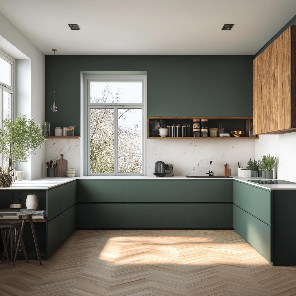  L-shaped modular kitchen green finish wood cabinets