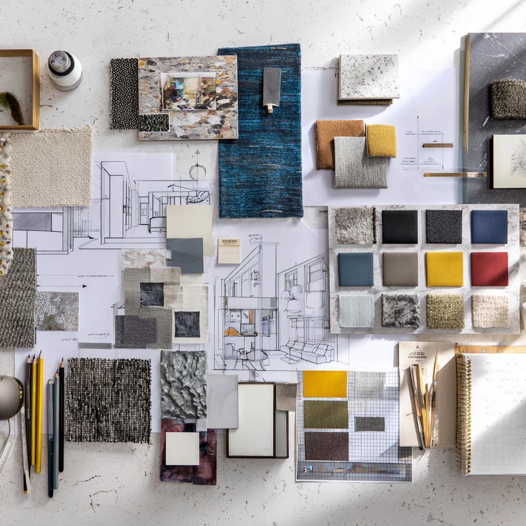 DIY interior mood board floor plan fabric samples