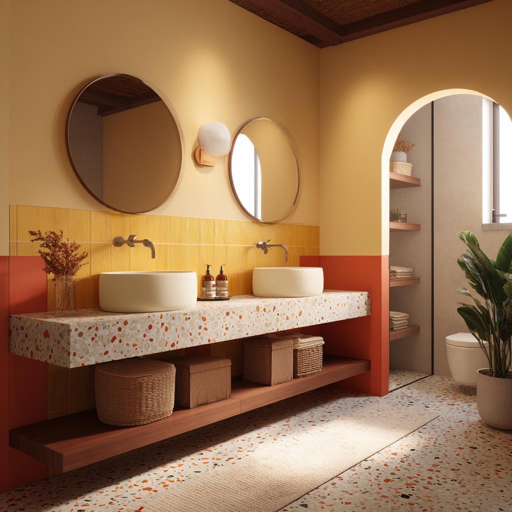 Terracotta bathroom with dual vanity and round mirrors