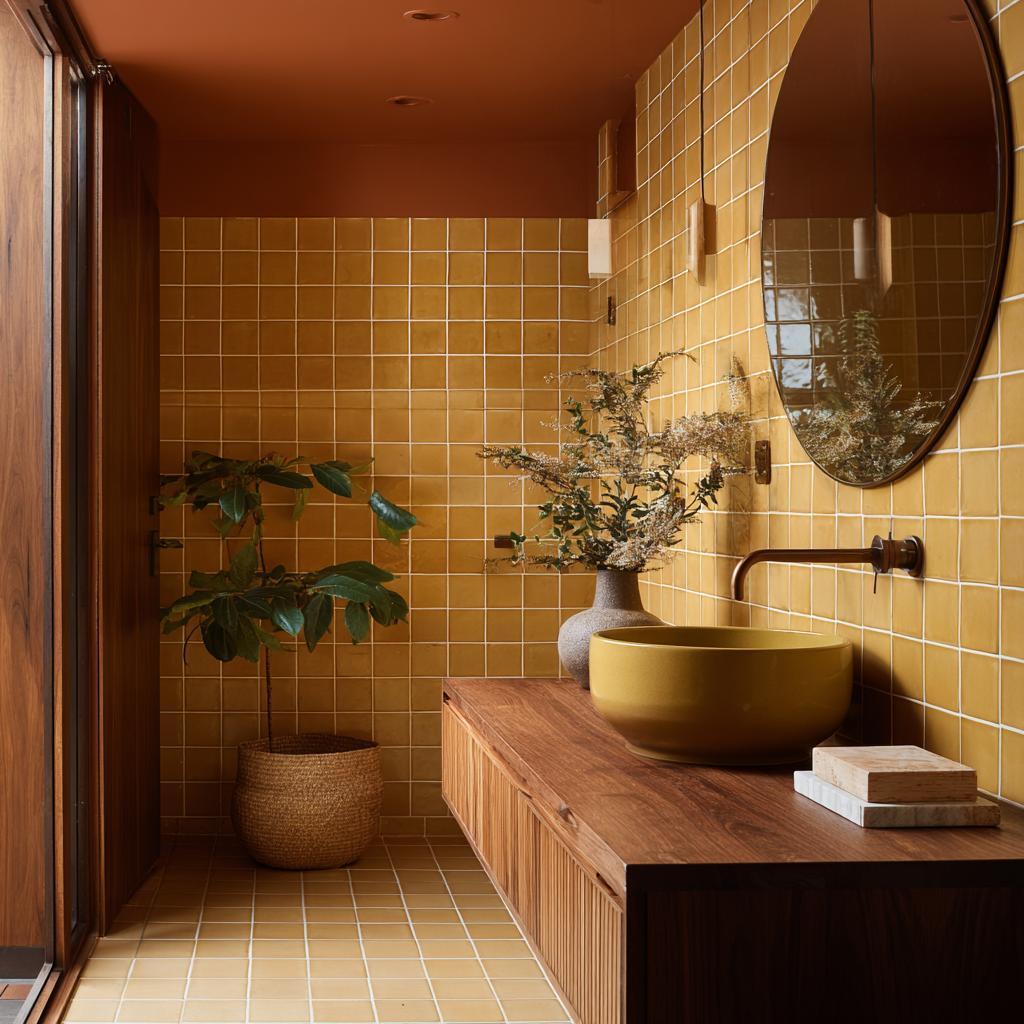 Earthy yellow tile bathroom with wood floating vanity