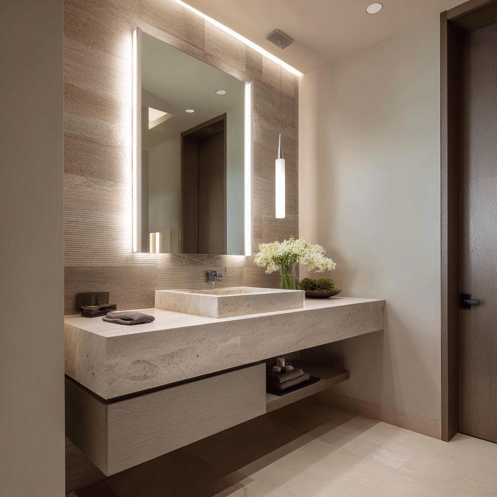 Floating vanity with backlit mirror in minimalist bathroom