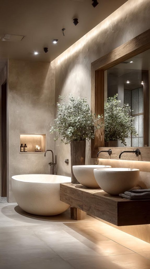 Layered lighting bathroom with earthy tones and greenery