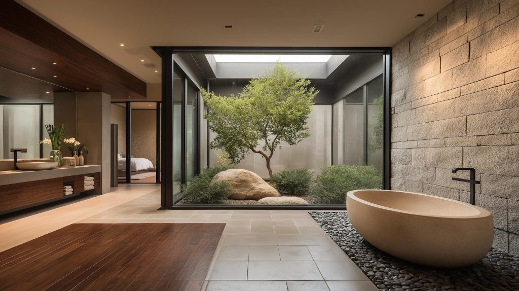  Bathroom with indoor garden, stone wall, and oval tub