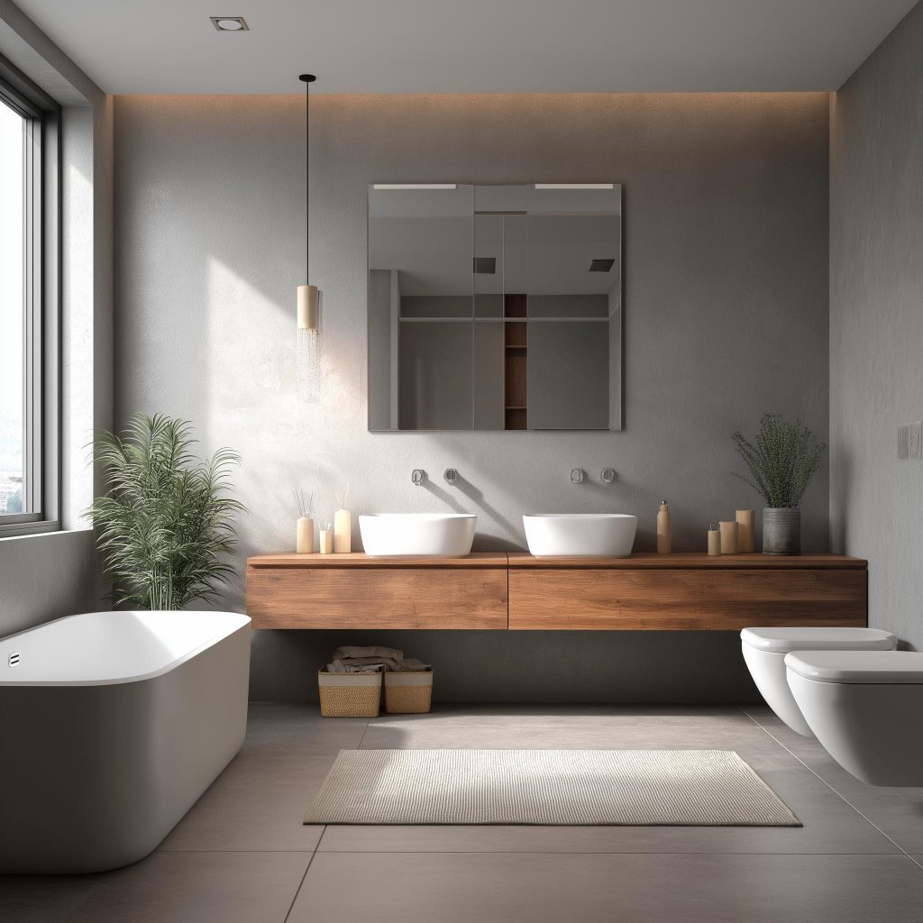 Minimalist bathroom with floating vanity and soft lighting