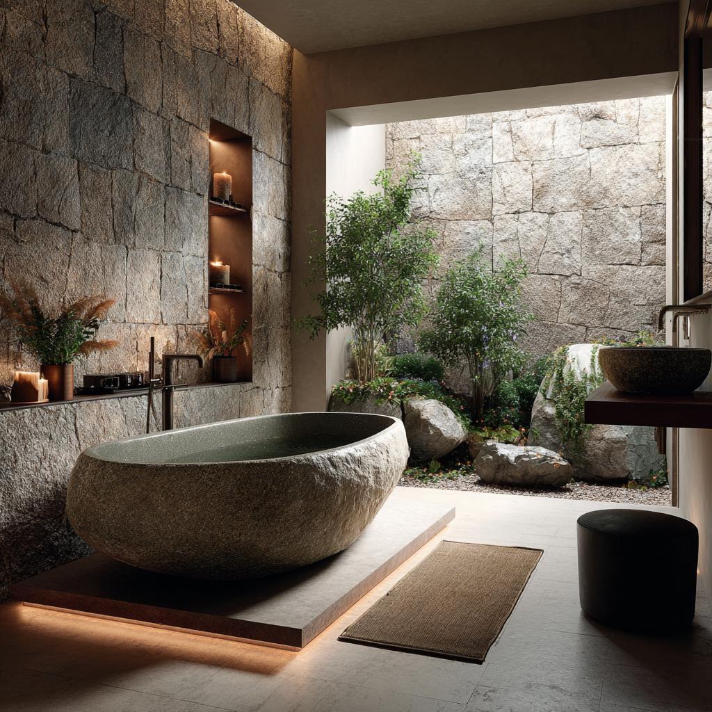 Spa bathroom with stone tub and natural greenery