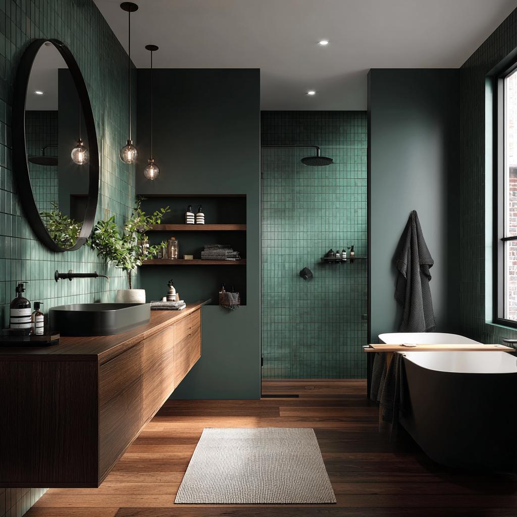 Bold green statement tile bathroom with black fixtures
