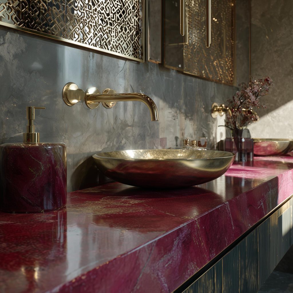 Bold bathroom with gold fixtures and metallic dark accents